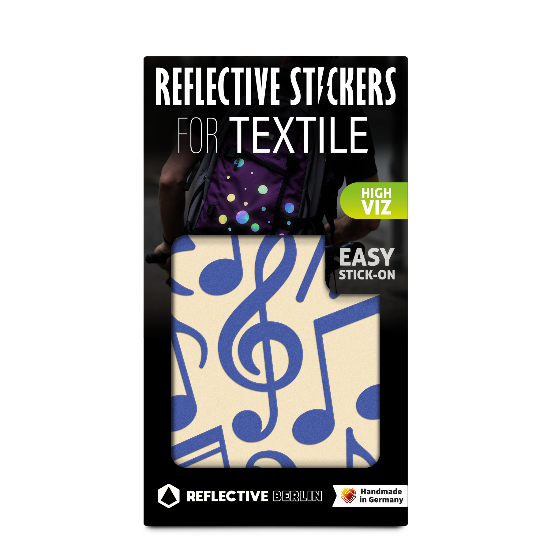 Textilsticker Music in Blau von REFLECTIVE Berlin als verpacktes Set mit stark reflektierenden Musik Motiven für mehr Sichtbarkeit im urbanen Stil.