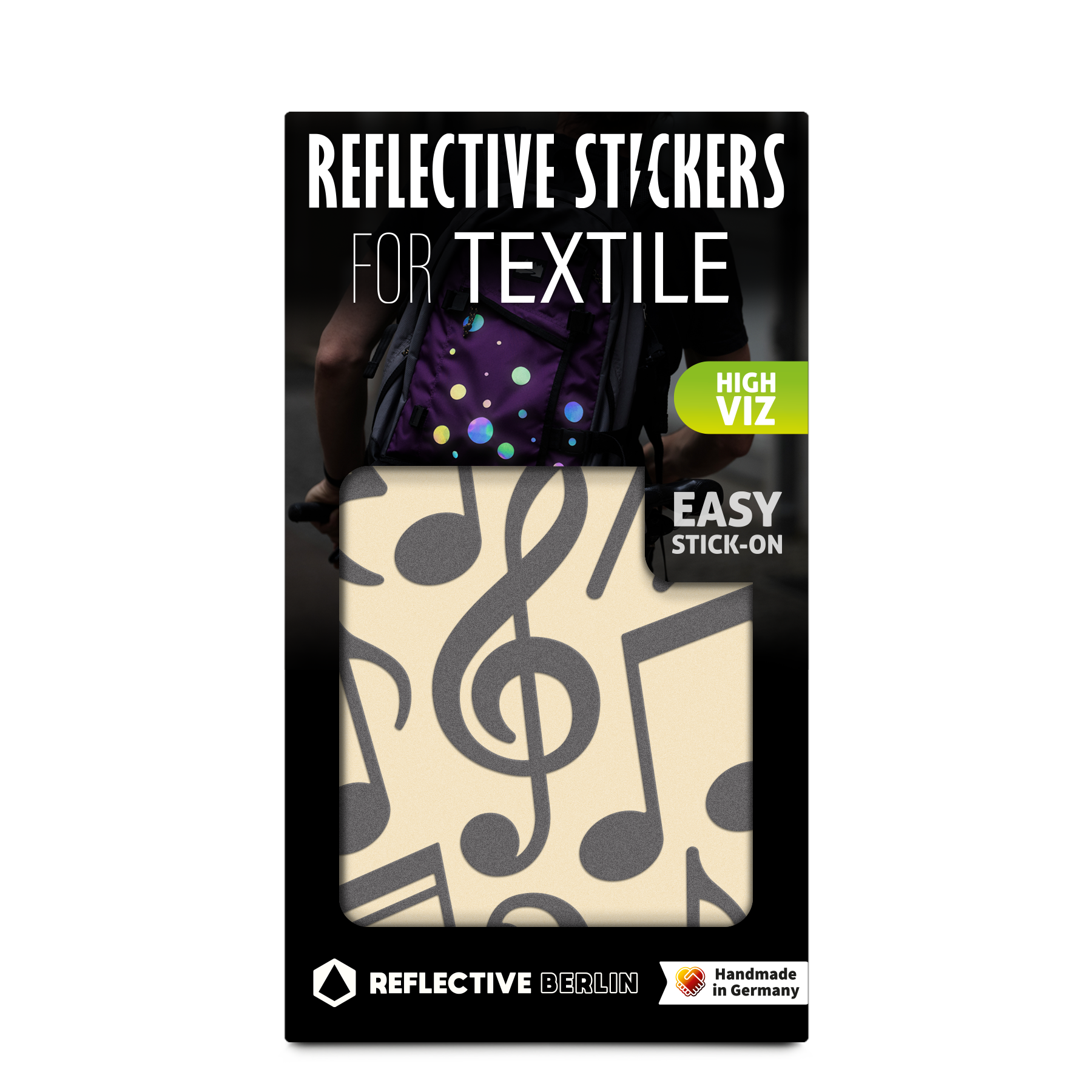 Textilsticker Music in Grau von REFLECTIVE Berlin als verpacktes Set mit stark reflektierenden Musikmotiven für mehr Sichtbarkeit im urbanen Stil.