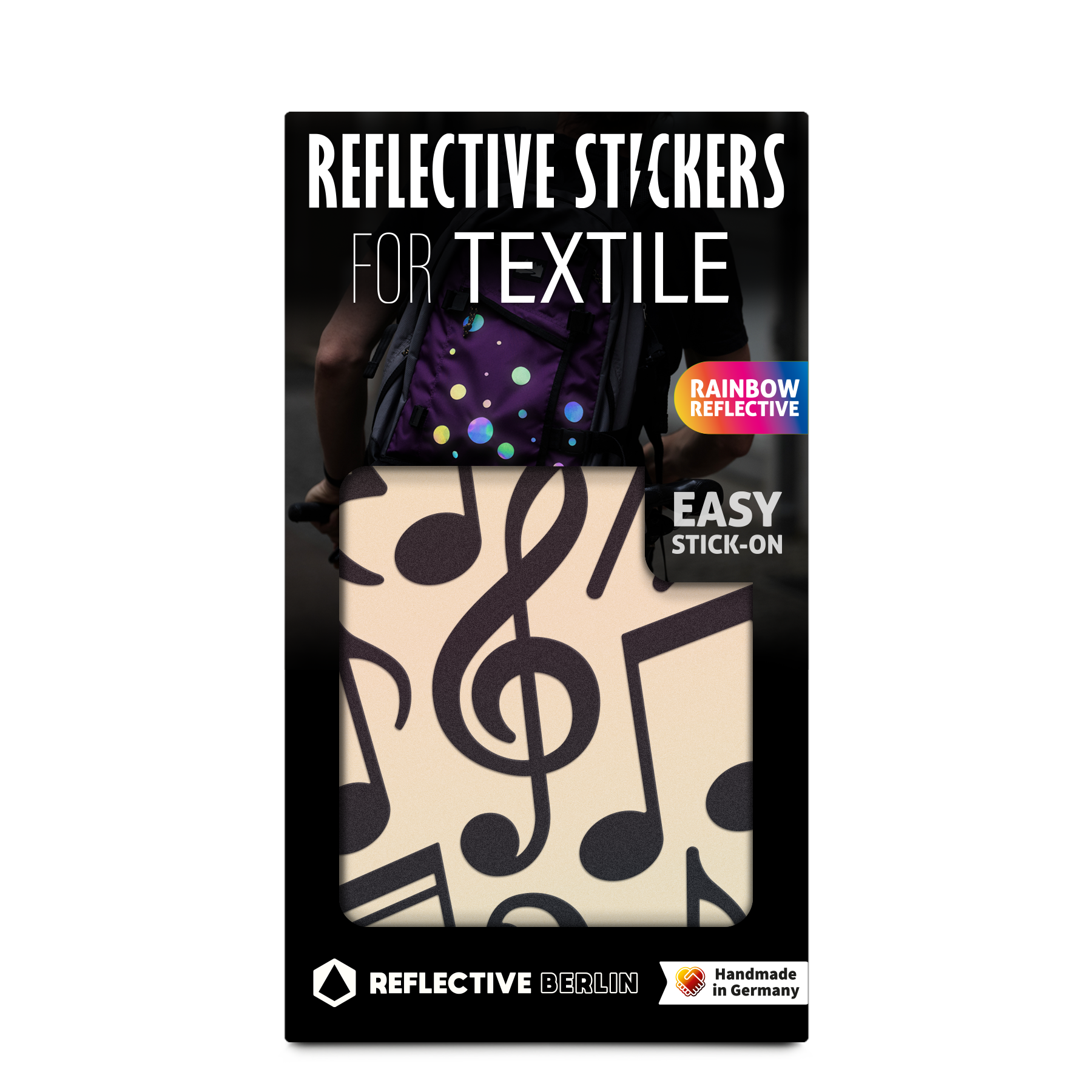 Textilsticker Music in Regenbogen-Schwarz von REFLECTIVE Berlin als verpacktes Set mit stark reflektierenden Musikmotiven für mehr Sichtbarkeit im urbanen Stil.