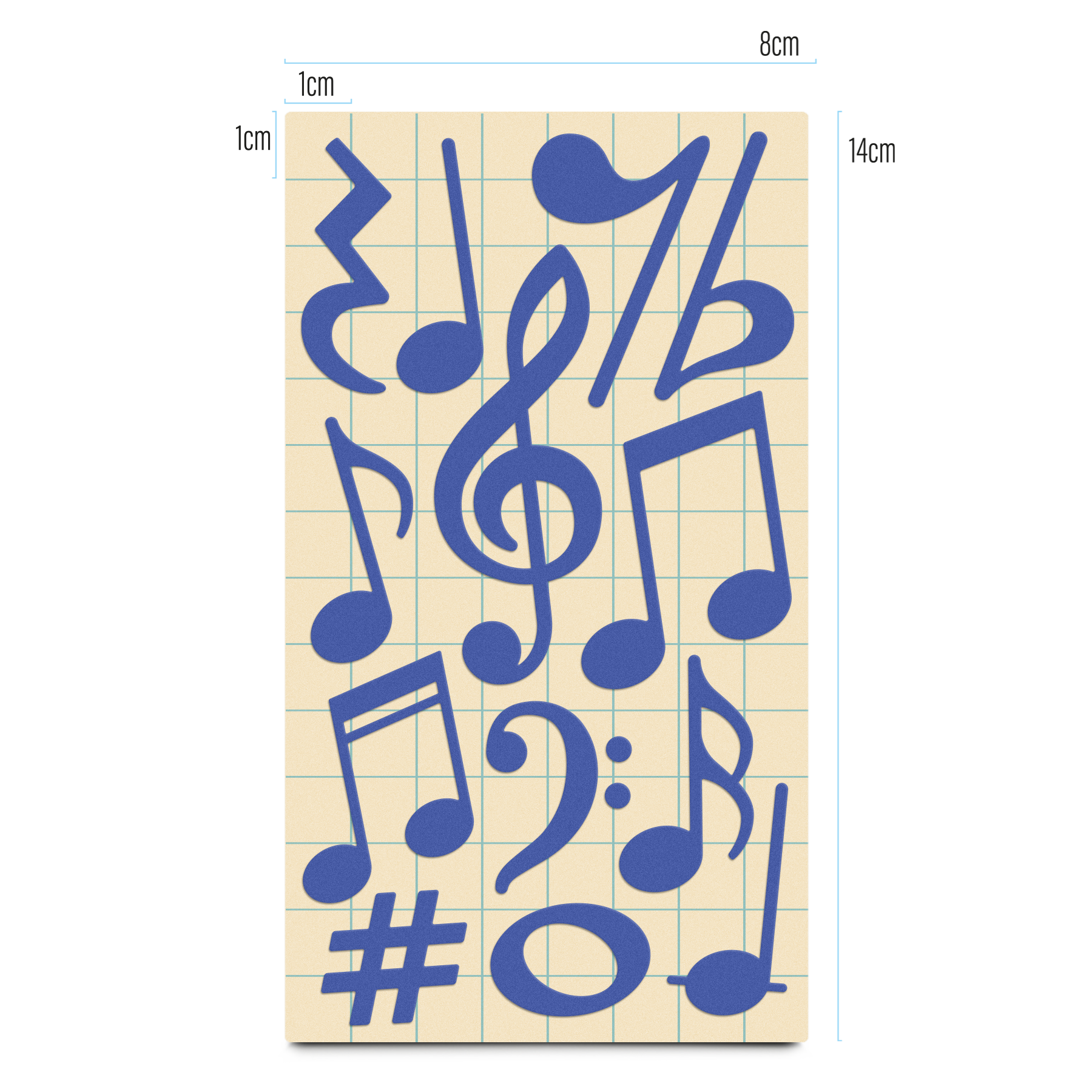 Textilsticker Music in Blau von REFLECTIVE Berlin auf Stickerbogen mit stark reflektierenden Musikmotiven für mehr Sichtbarkeit im urbanen Stil.