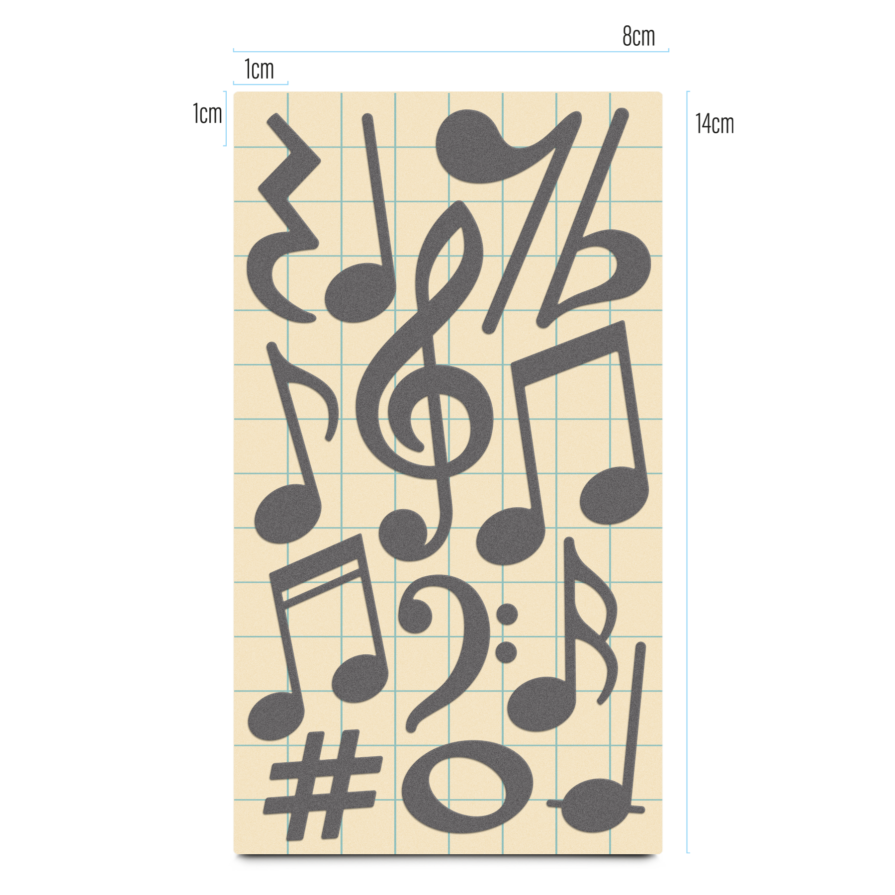 Textilsticker Music in Grau von REFLECTIVE Berlin auf Stickerbogen mit stark reflektierenden Musikmotiven für mehr Sichtbarkeit im urbanen Stil.