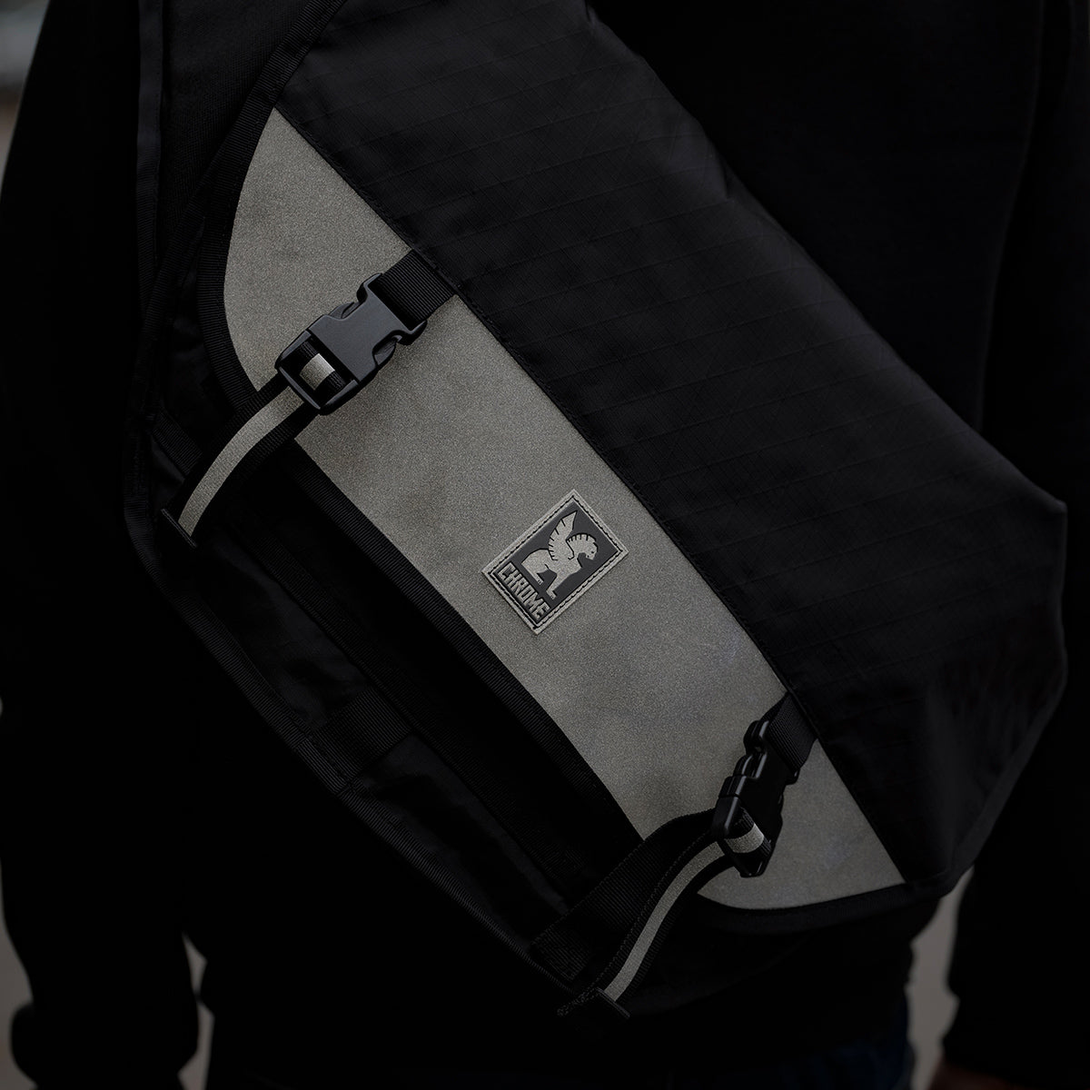 Close up of a reflective backpack