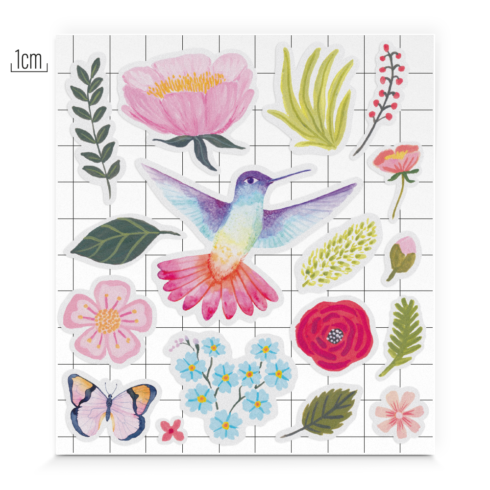 Stickerbogen Ansicht Anke Rega, Kolibri, Blumen, Blüten, Pflanzen