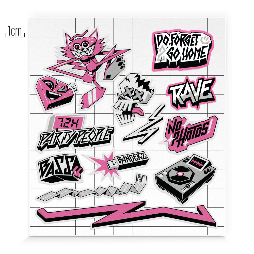 Ansicht VIDAM Sticker Motive Techno, Rave, Mietzekatze