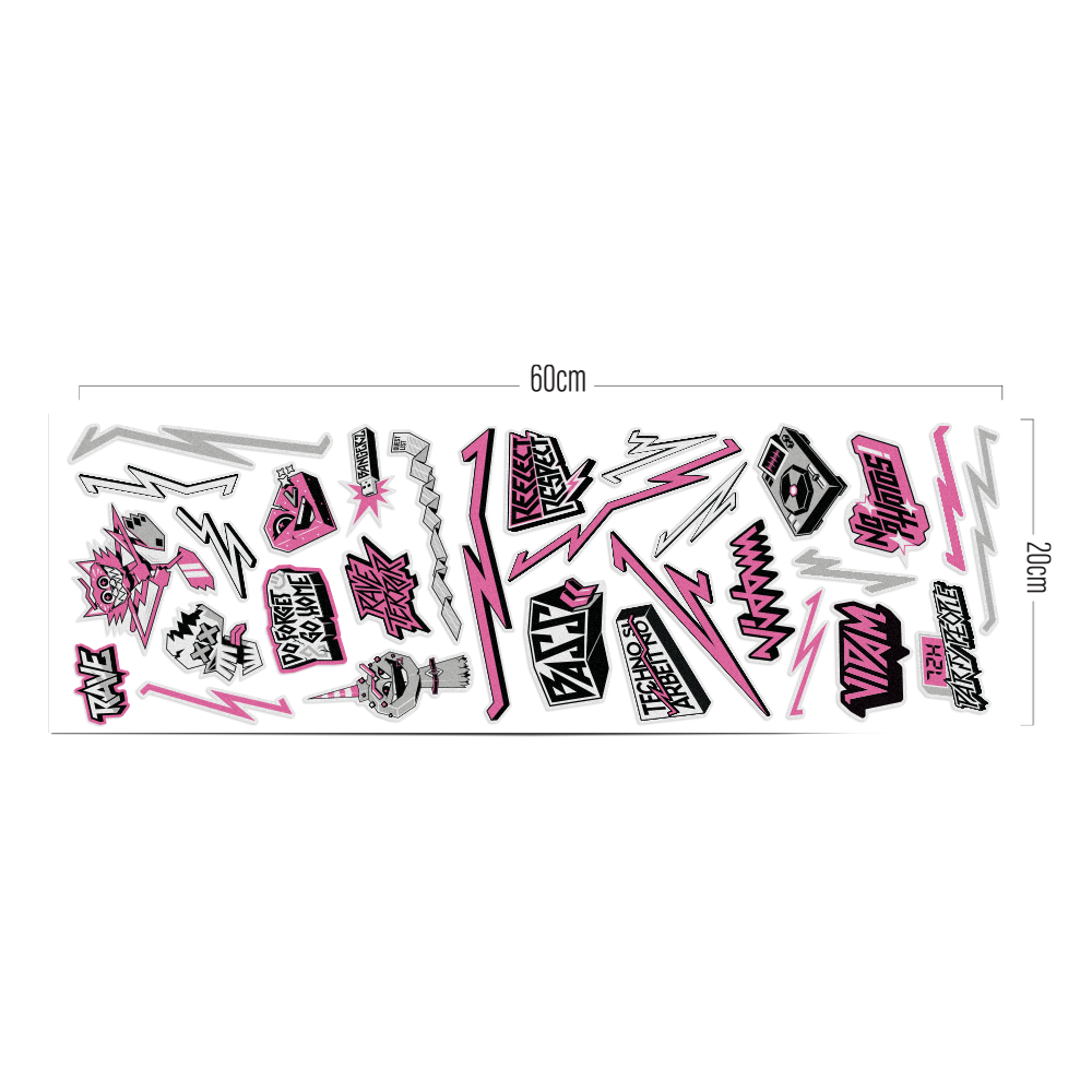 Stickerbogen Ansicht mit allen Motiven zum Thema Rave und Techno