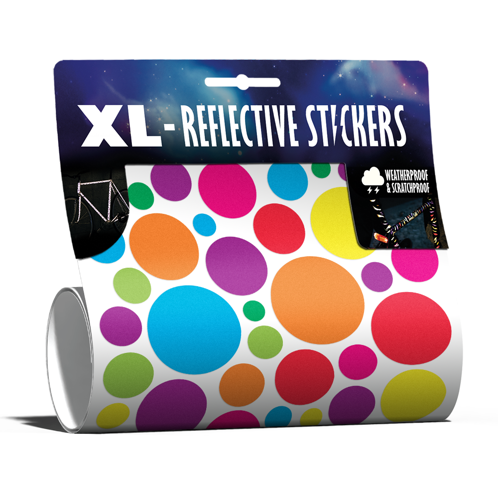 XL Bubbles in Pop-Farbe von REFLECTIVE Berlin als verpacktes Set mit stark reflektierenden bunten Kreisen für mehr Sichtbarkeit im urbanen Stil.