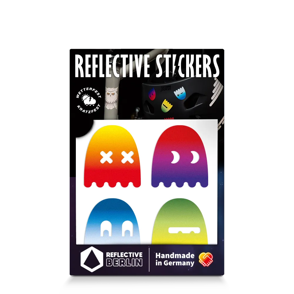 Reflektierender Aufkleber „Geister“ in Farbvariante „Regenbogen“ in Produktverpackung von REFLECTIVE Berlin.