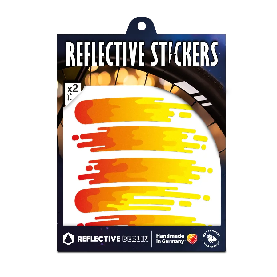 Reflektierender Aufkleber „Smudge“ in Farbvariante „Feuer“ in Produktverpackung von REFLECTIVE Berlin.
