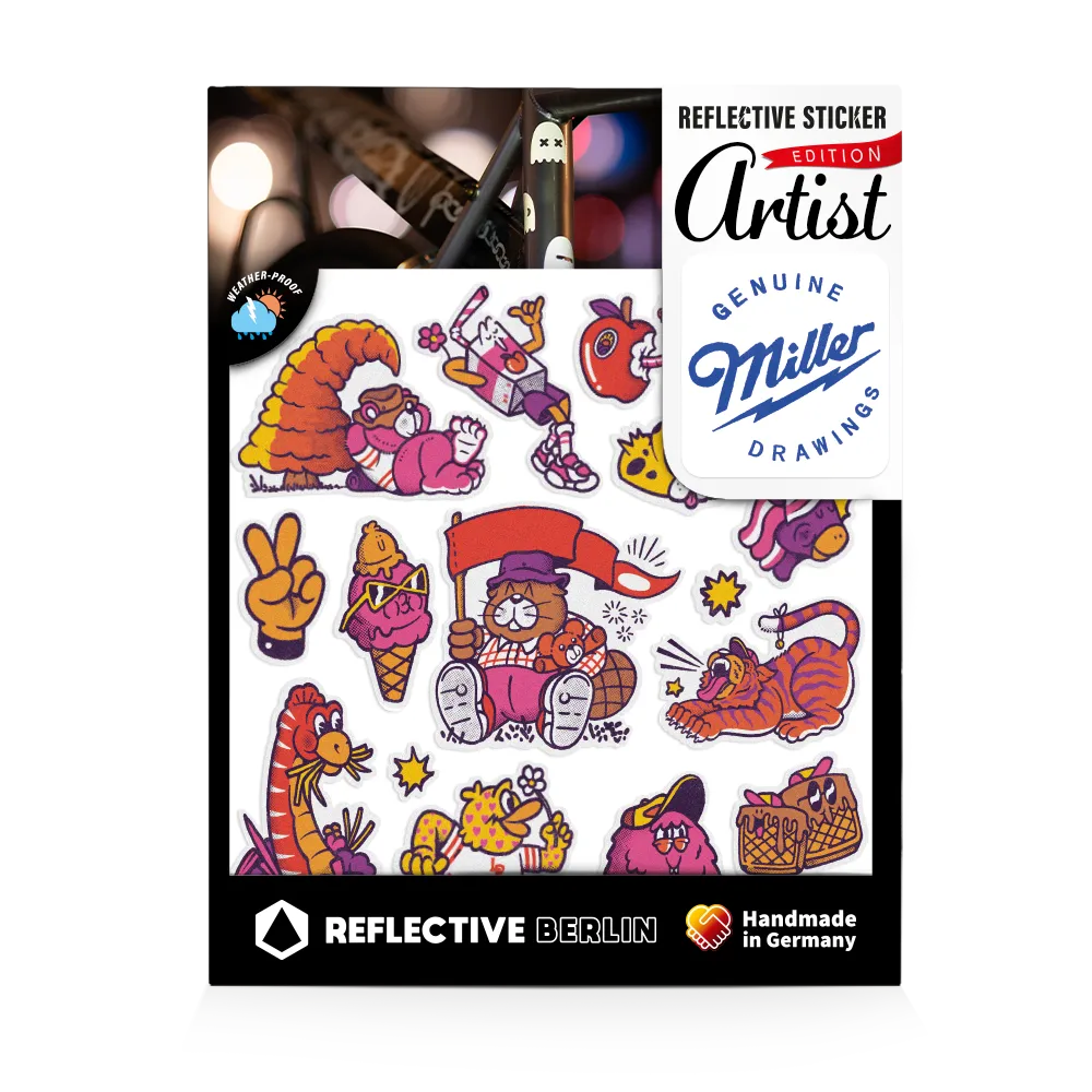 Reflektierende Aufkleber Künstleredition „C. Miller“ von Künstler C. Miller. Aufkleber mit kleinen Cartoon Tigern, Bibern und weiteren Tieren. Sticker verpackt In Produktverpackung von REFLECTIVE Berlin.