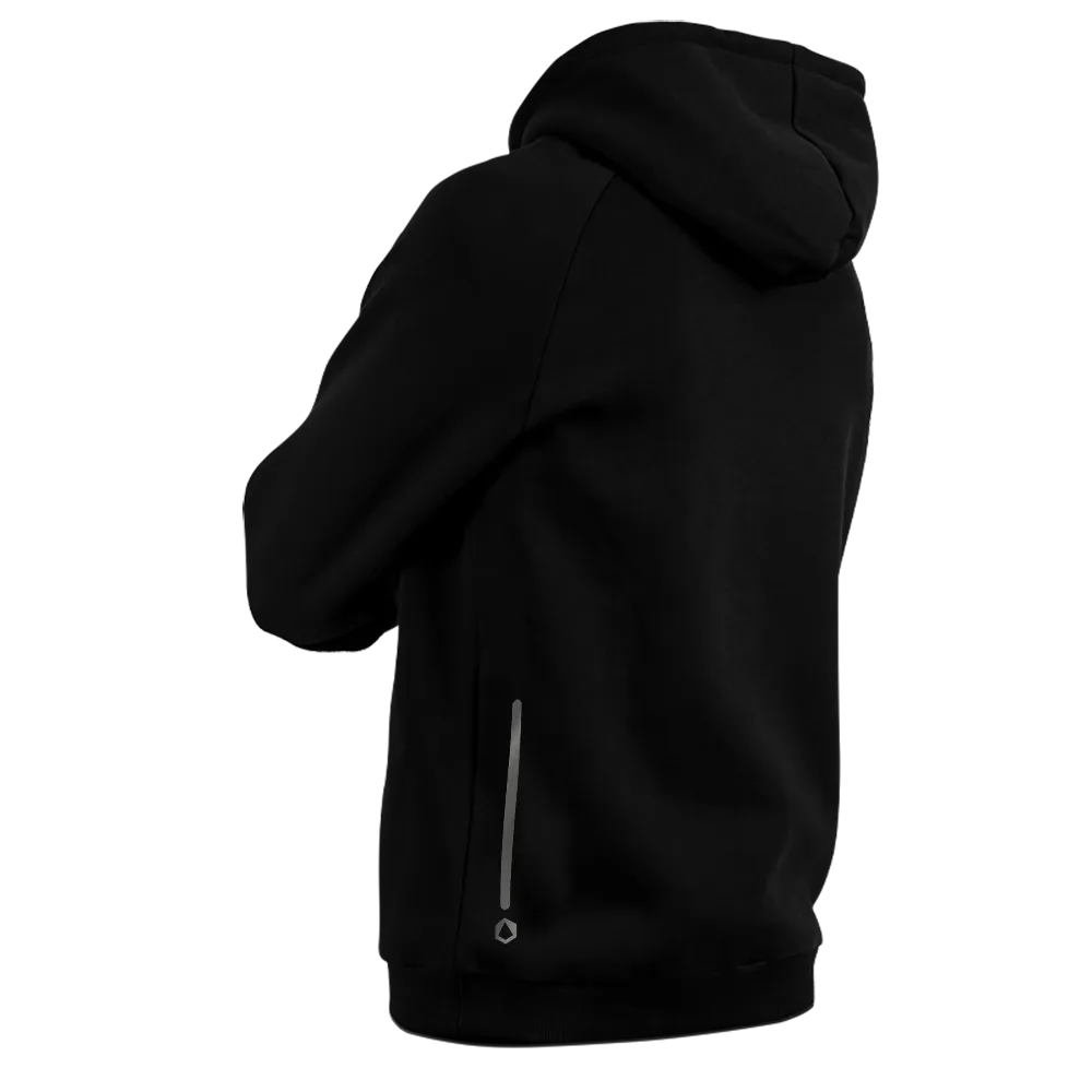 Rückenansicht reflektierender Hoodie Fahrrad in der Farbvariante Schwarz von REFLECTIVE Berlin mit sichtbaren Reflexstreifen auf der Rückseite.