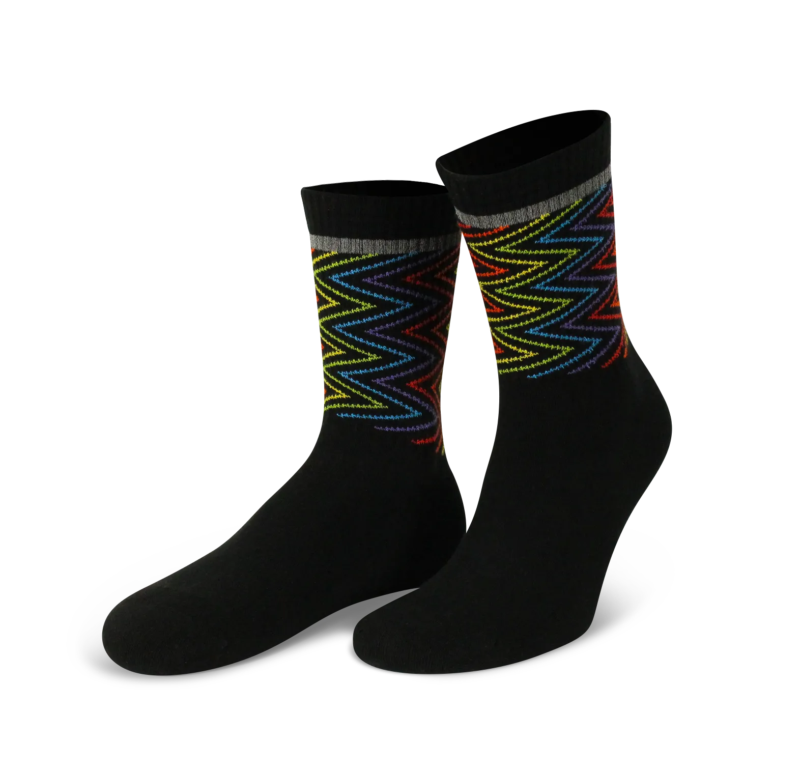 reflektierende schwarze Socken „Lightning“ in Farbvariante „schwarz“ mit Zickzack Streifen in Regenbogen Optik und hoch reflektierendem Streifen von REFLECTIVE Berlin.