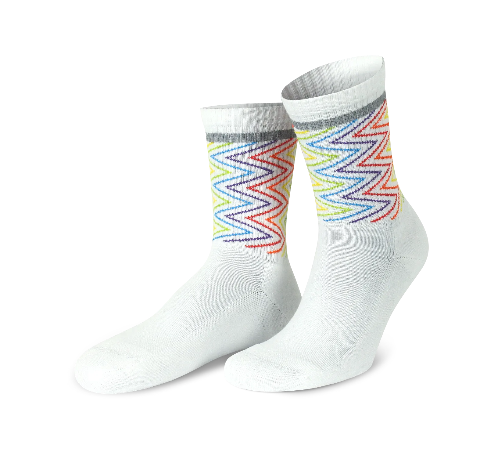 reflektierende weiße Socken „Lightning“ in Farbvariante „weiß“ mit Zickzack Streifen in Regenbogen Optik und hoch reflektierendem Streifen von REFLECTIVE Berlin.