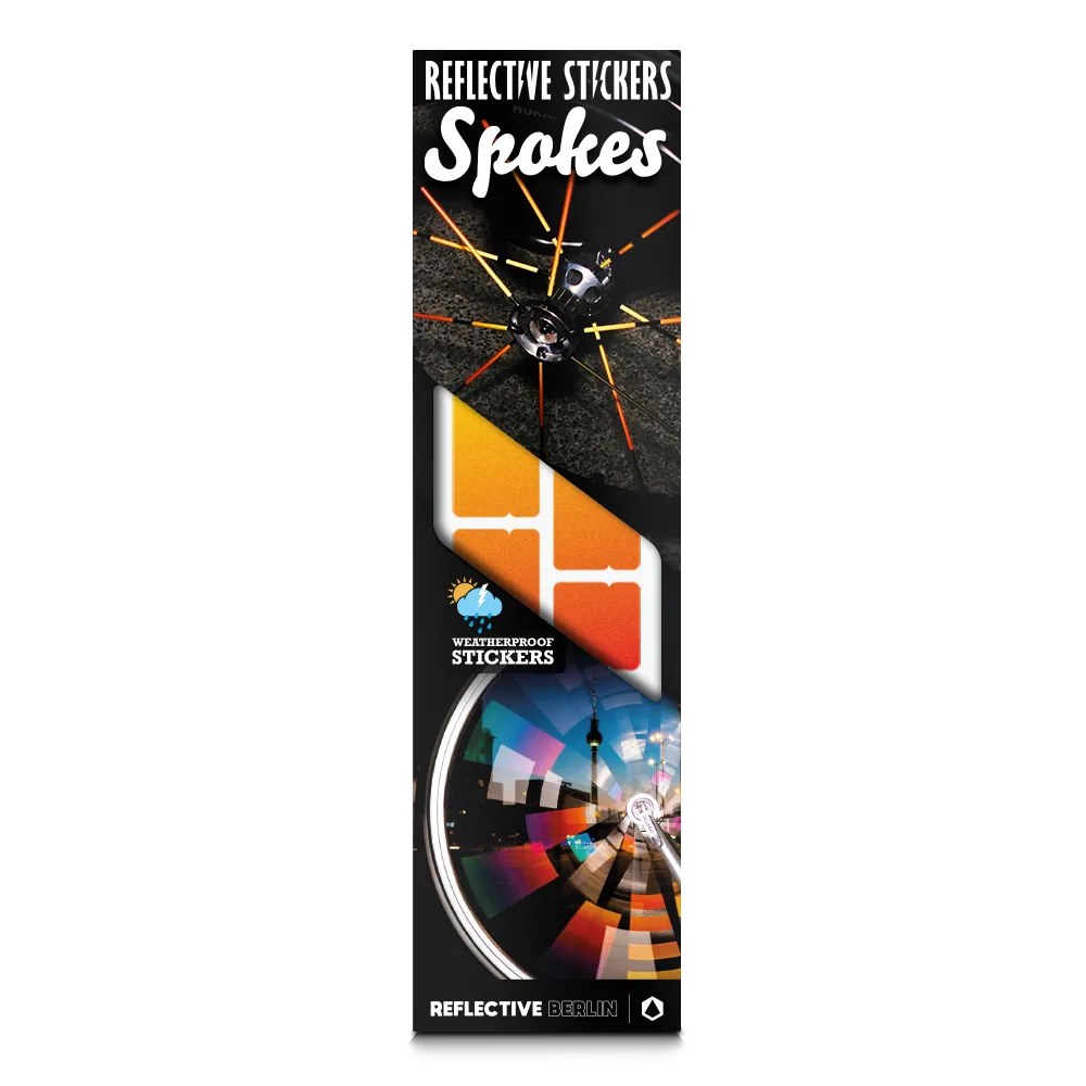 Reflektierender Speichen Aufkleber „Spokes“ in Farbvariante „Feuer“ in Produktverpackung von REFLECTIVE Berlin.
