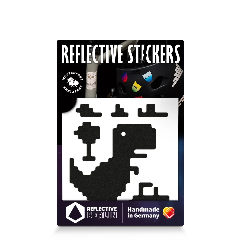 Reflektierender Aufkleber „T-Rex“ in Farbvariante „schwarz“ in Produktverpackung von REFLECTIVE Berlin.