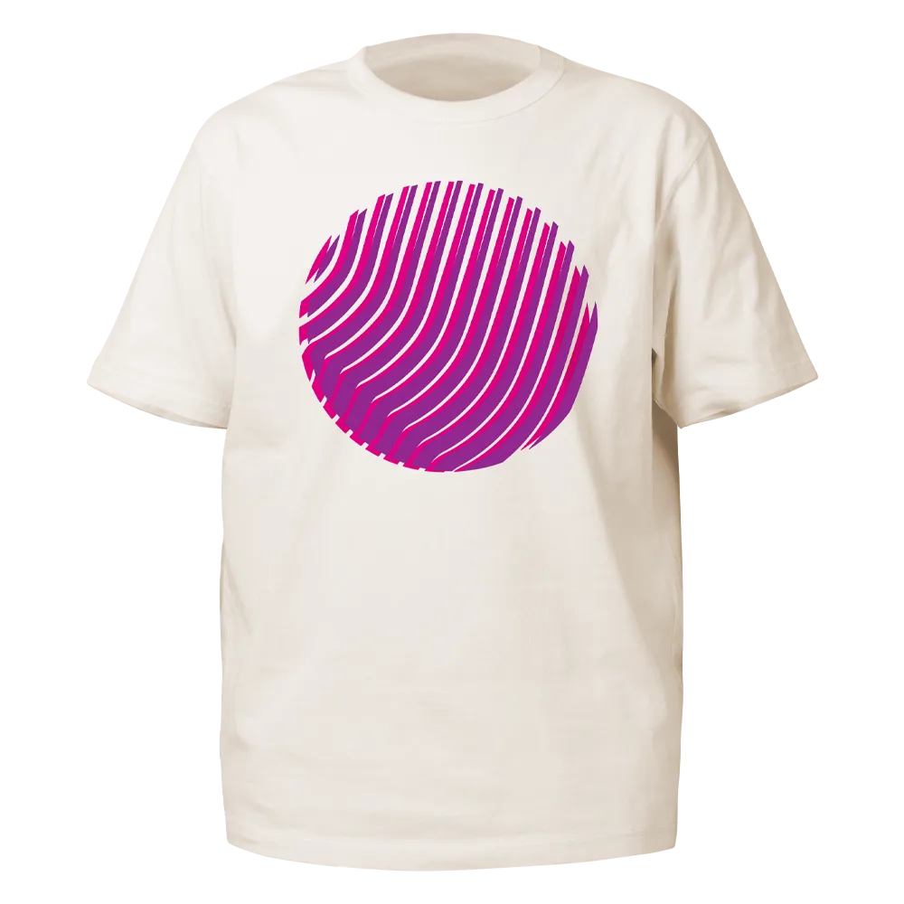 Reflektierendes T-Shirt Sunset in der Farbvariante Off-white mit pinkem runden reflektierenden Print von REFLECTIVE Berlin.