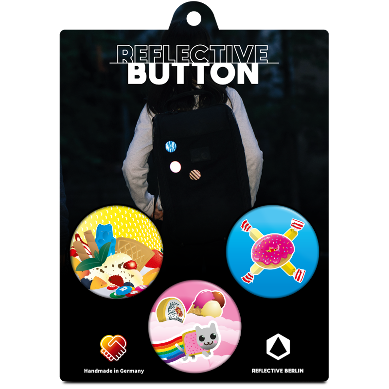 Produktbild Reflective BUTTONS, Candy Motiv, 3 Anstecker mit Süßigkeiten, auf Trägerkarte