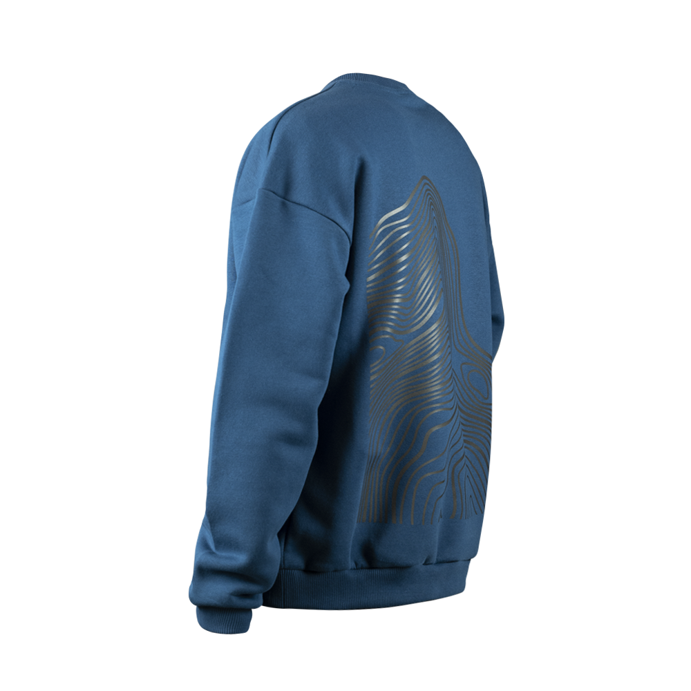 Crewneck Pullover, blau, Earth Design, reflektierender Aufdruck, seitliche Rückenansicht, Produktbild