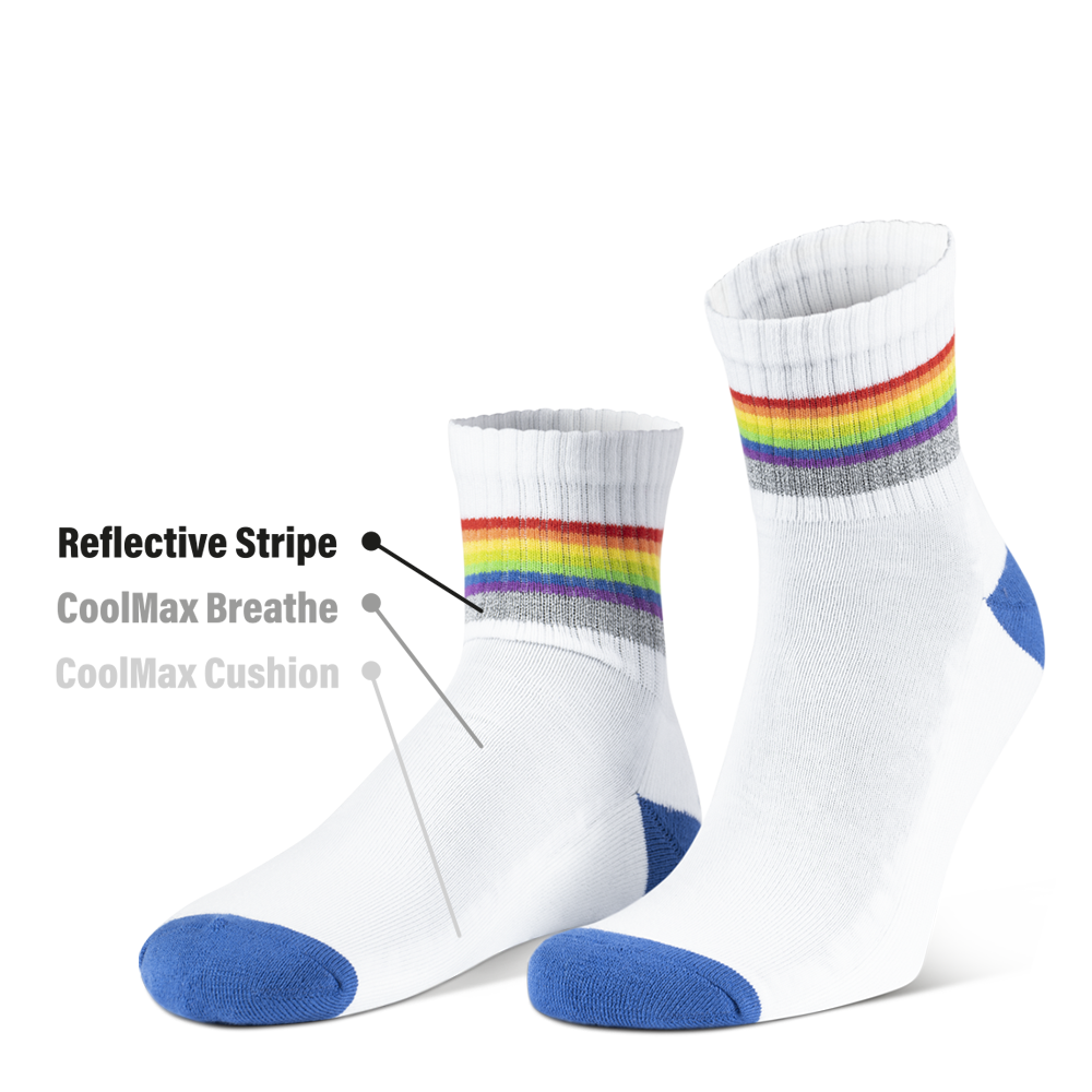 reflektierende weiße Socken in Farbvariante „weiß Regenbogen“ mit Streifen in Regenbogen Optik und hoch reflektierendem Streifen von REFLECTIVE Berlin. Markierungen mit Text von oben nach unten: Reflektierender Streifen, CoolMax Breathe auf der Oberseite der Socken, „CoolMax Cushion“ auf der Unterseite.