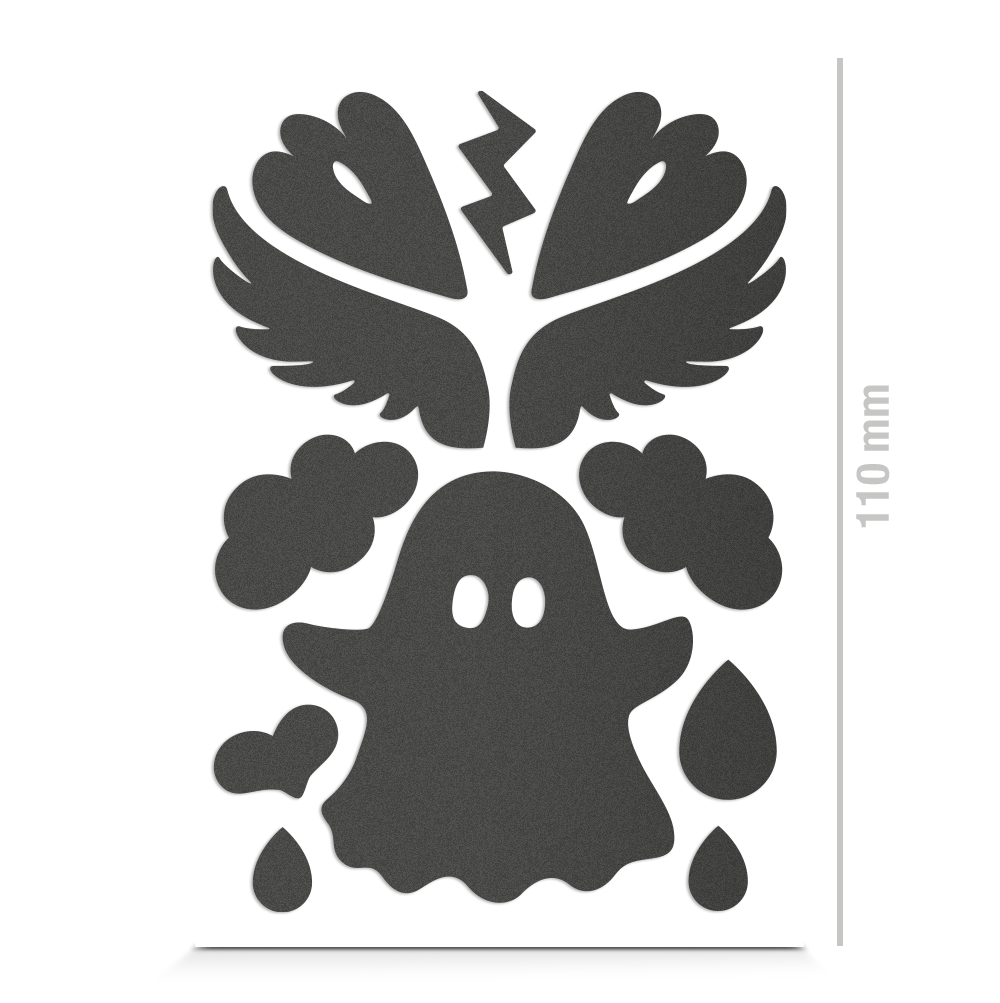 Textilsticker für Kinder, Geist, Flügel, Tropfen und Herzchen, reflektierend, Freisteller, Farbe schwarz