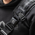 Detail of the front buckle of backpack and shoulder strap