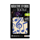 Textilsticker Music in Blau von REFLECTIVE Berlin als verpacktes Set mit stark reflektierenden Musik Motiven für mehr Sichtbarkeit im urbanen Stil.