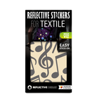 Textilsticker Music in Grau von REFLECTIVE Berlin als verpacktes Set mit stark reflektierenden Musikmotiven für mehr Sichtbarkeit im urbanen Stil.