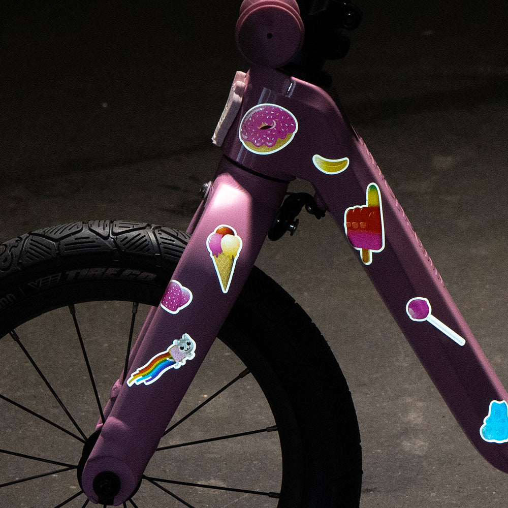 Side view of kids bike with reflective stickers