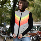 Woman wears jacket with bicycle