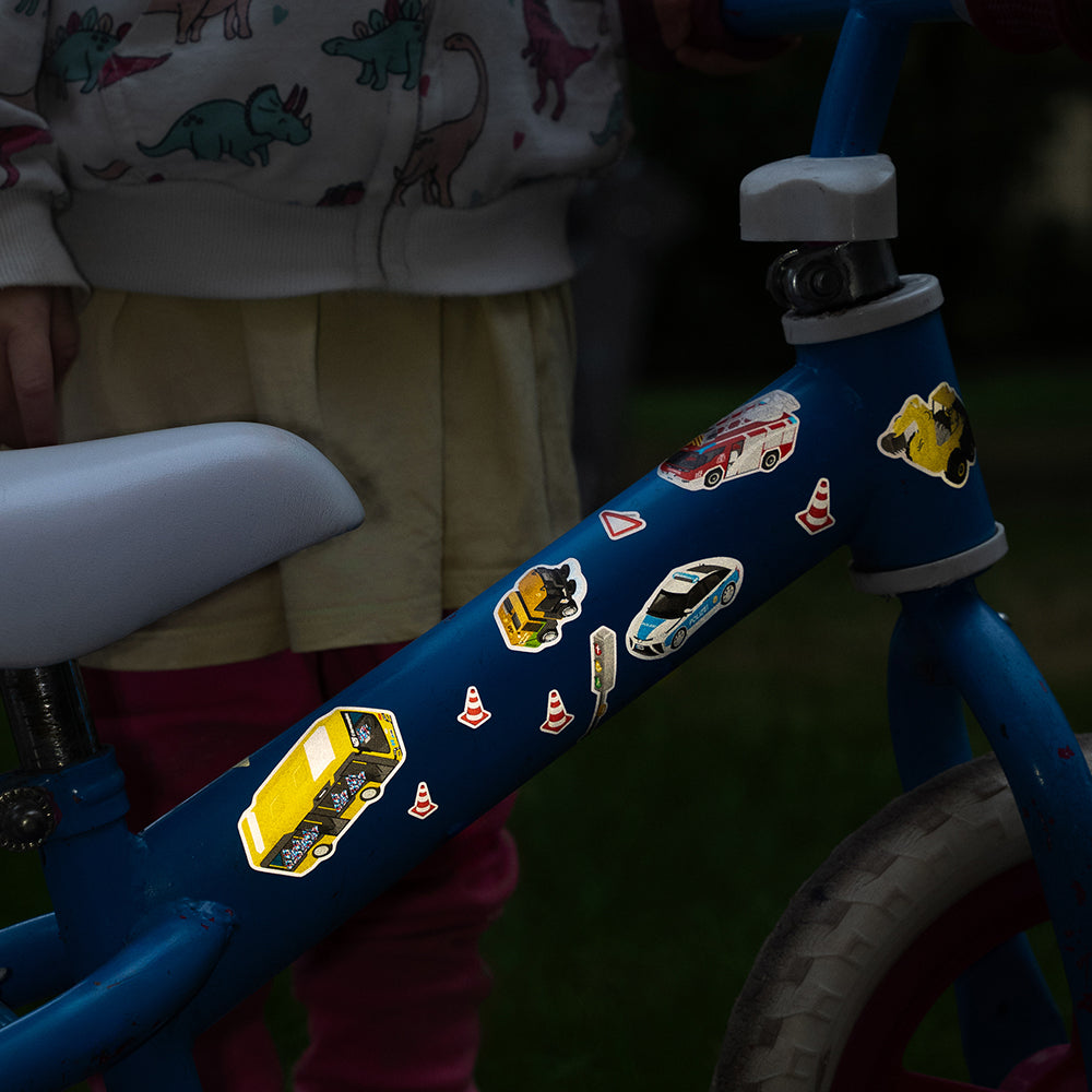 Reflective car sticker design applied on kid bicycle