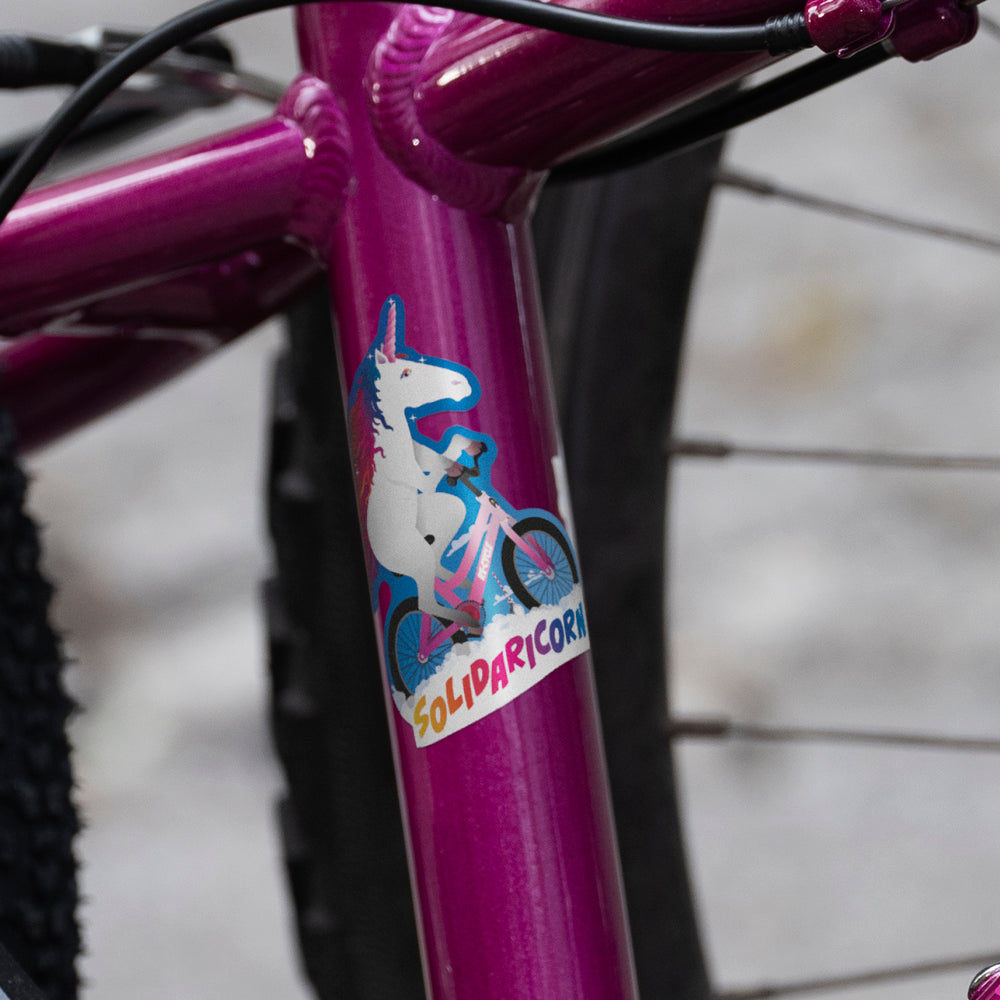 Einhorn Aufkleber auf lila Fahrradrahmen