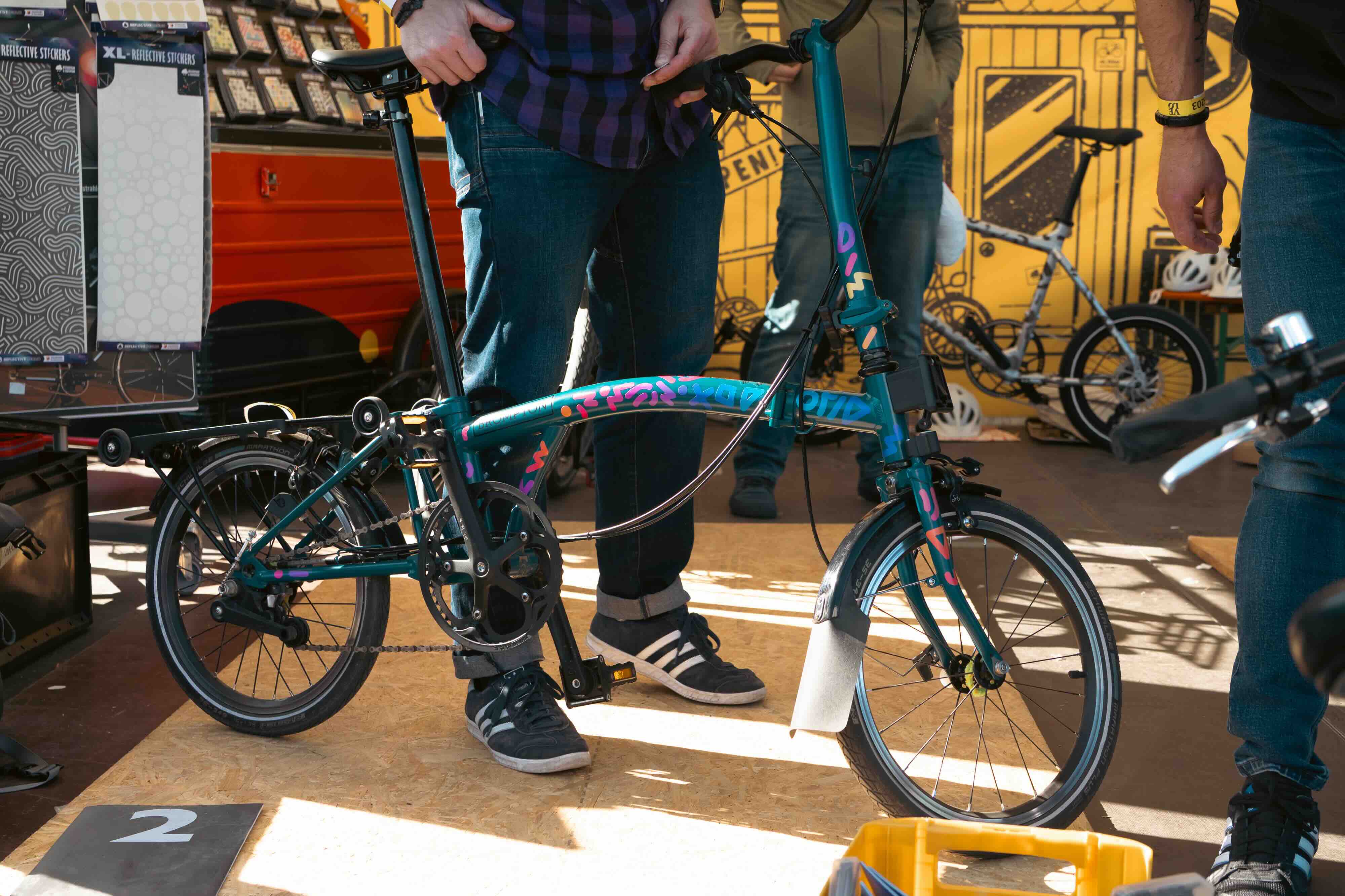 Brompton Bicycle with Reflective Doodle rainbow stickers