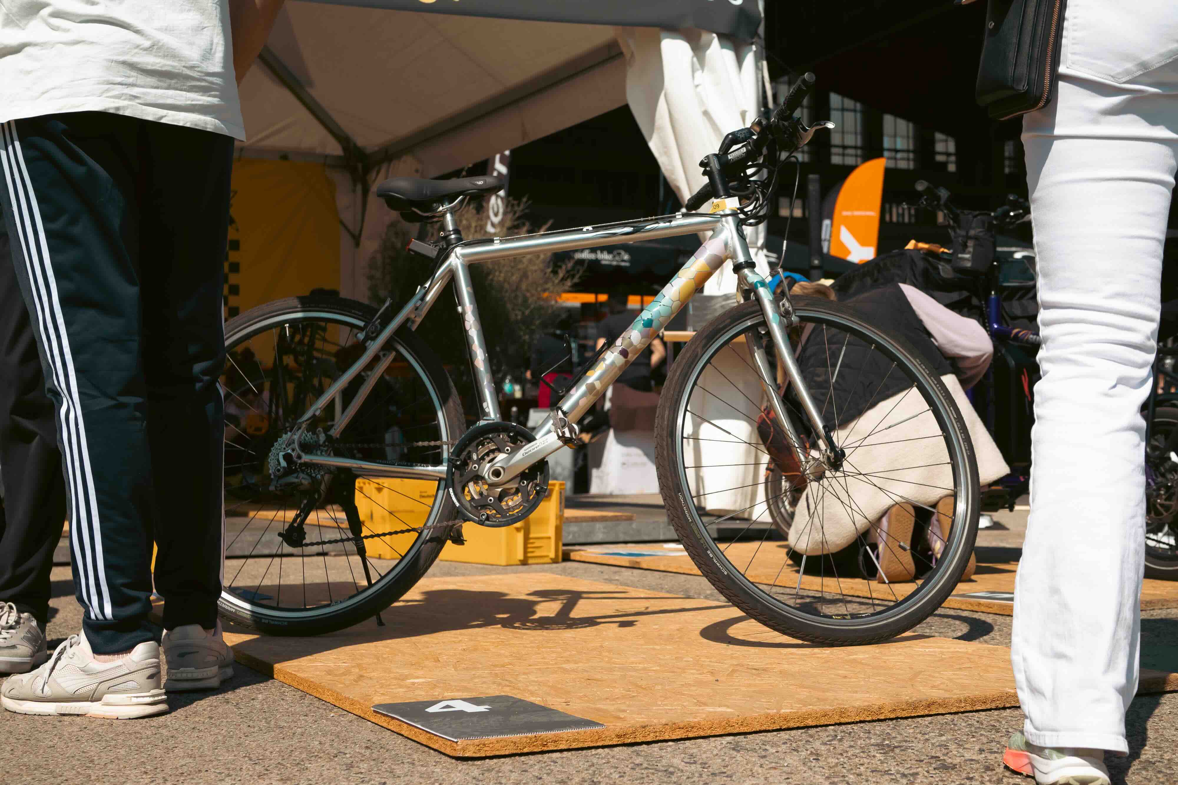 City Mountainbike with colorful reflective stickers standing outside