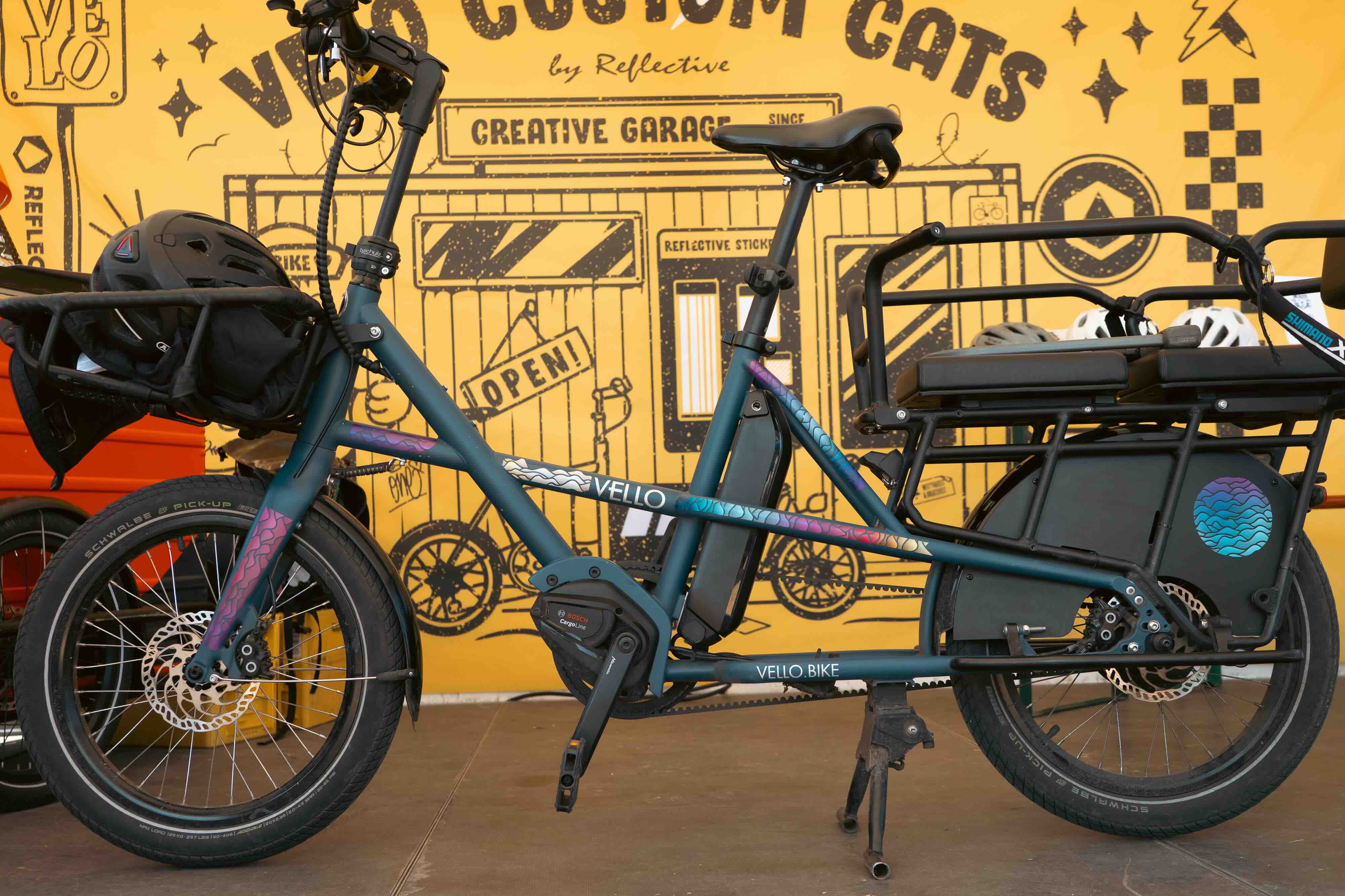 Vello Longtail Cargobike with rainbow reflective Flow stickers
