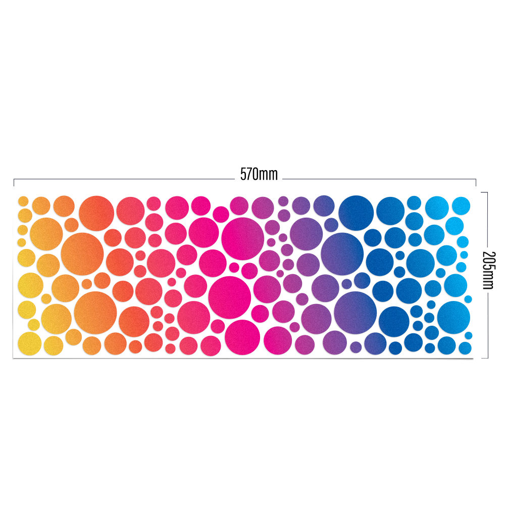 XL Bubbles in Rainbow-Farbe von REFLECTIVE Berlin auf Stickerbogen mit stark reflektierenden bunten Kreisen für mehr Sichtbarkeit im urbanen Stil.