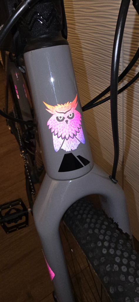 Eule Rainbow von REFLECTIVE Berlin auf Canyon Gravel Fahrradrahmen mit stark reflektierendem mehrfarbigem Eulenmotiv für mehr Sichtbarkeit im urbanen Stil.