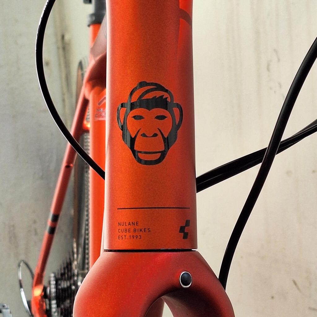 Monkey Schwarz von REFLECTIVE Berlin auf Cube Bike Steuerrohr mit stark reflektierendem Affenmotiv für mehr Sichtbarkeit im urbanen Stil.