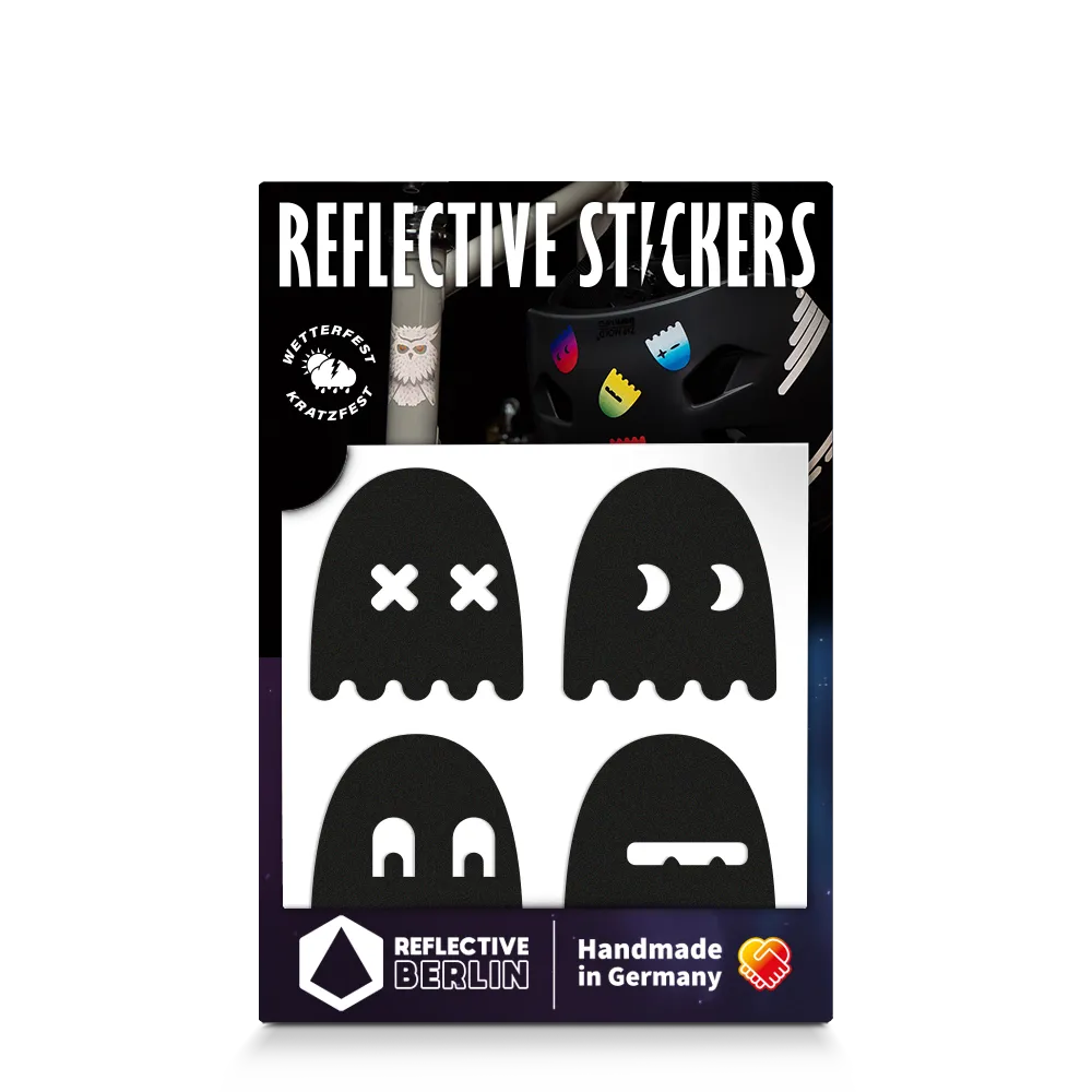 Reflektierender Aufkleber „Geister“ in Farbvariante „Schwarz“  in Produktverpackung von REFLECTIVE Berlin.