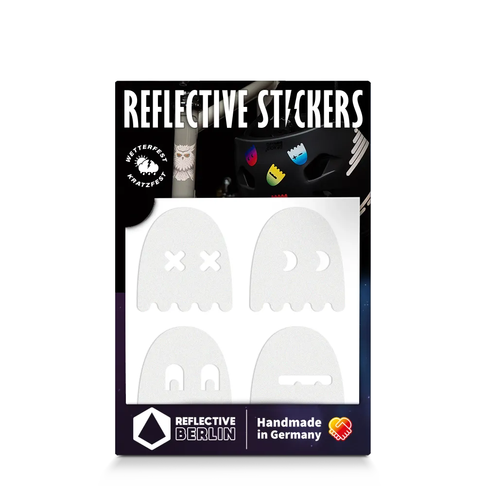 Reflektierender Aufkleber „Geister“ in Farbvariante „weiß“  in Produktverpackung von REFLECTIVE Berlin.