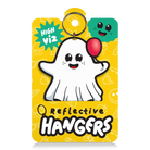 Reflektierender Anhänger ‚Reflective Hangers‘  in der Variante ‚Buster’. Der Anhänger sieht wie ein Geist aus mit Luftballon in der Hand und ist in Produktverpackung von REFLECTIVE Berlin abgebildet.