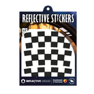 Reflektierender Felgen Aufkleber „Checker“ in Farbvariante „schwarz“ in Größe 40mm in Produktverpackung von REFLECTIVE Berlin.