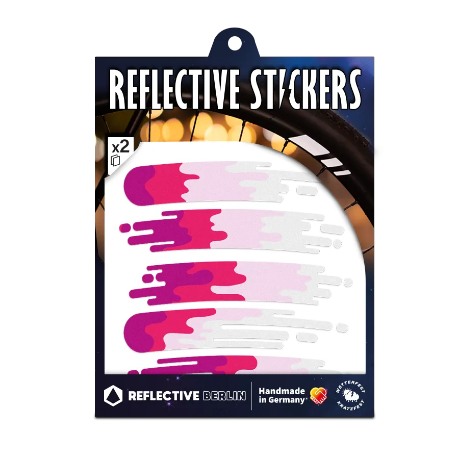 Reflektierender Aufkleber „Smudge“ in Farbvariante „pink“ in Produktverpackung von REFLECTIVE Berlin.