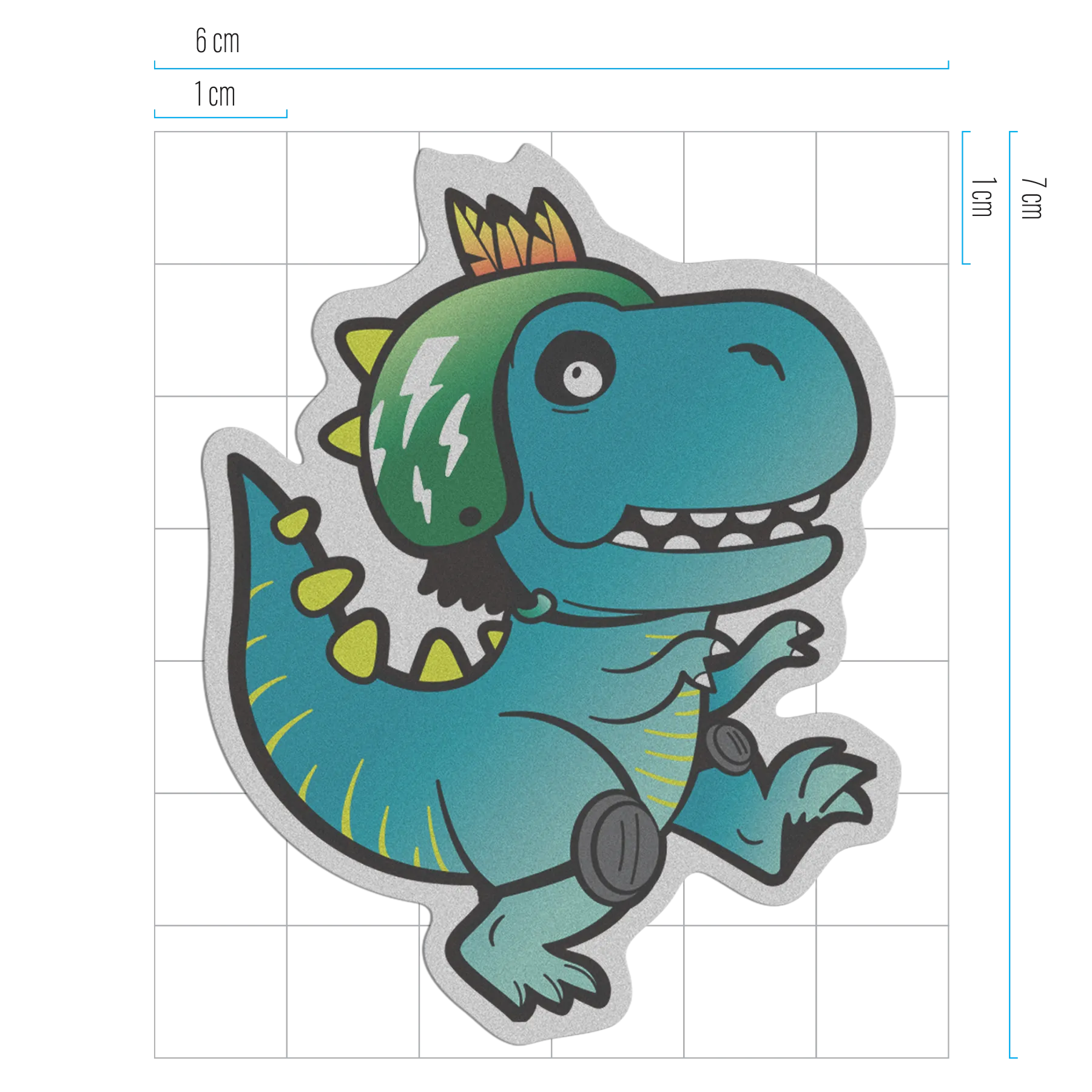 Reflektierender Aufkleber Textil Stoff T-Rex Dinosaurier „Lino" aus der Produktserie „Reflective Friends“  in Detailansicht mit Schnitt- und Formgröße. Von REFLECTIVE Berlin.