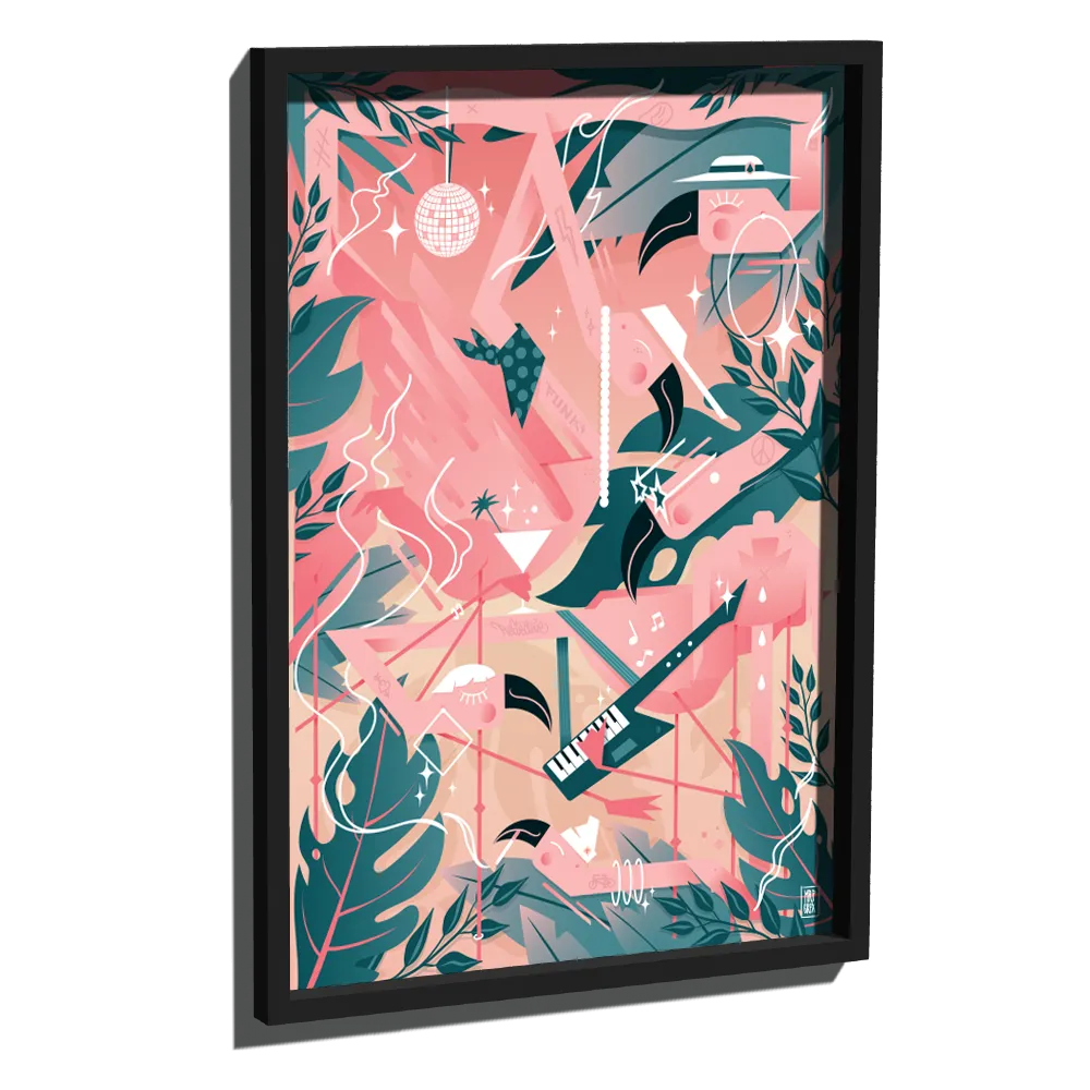 Reflektierende Aufkleber Folie XXL „Flamingo Funk“ mit verspielten Flamingos in rosa Farbtönen, die verschiedene Jazzinstrumente spielen, in Bilderrahmen von REFLECTIVE Berlin.