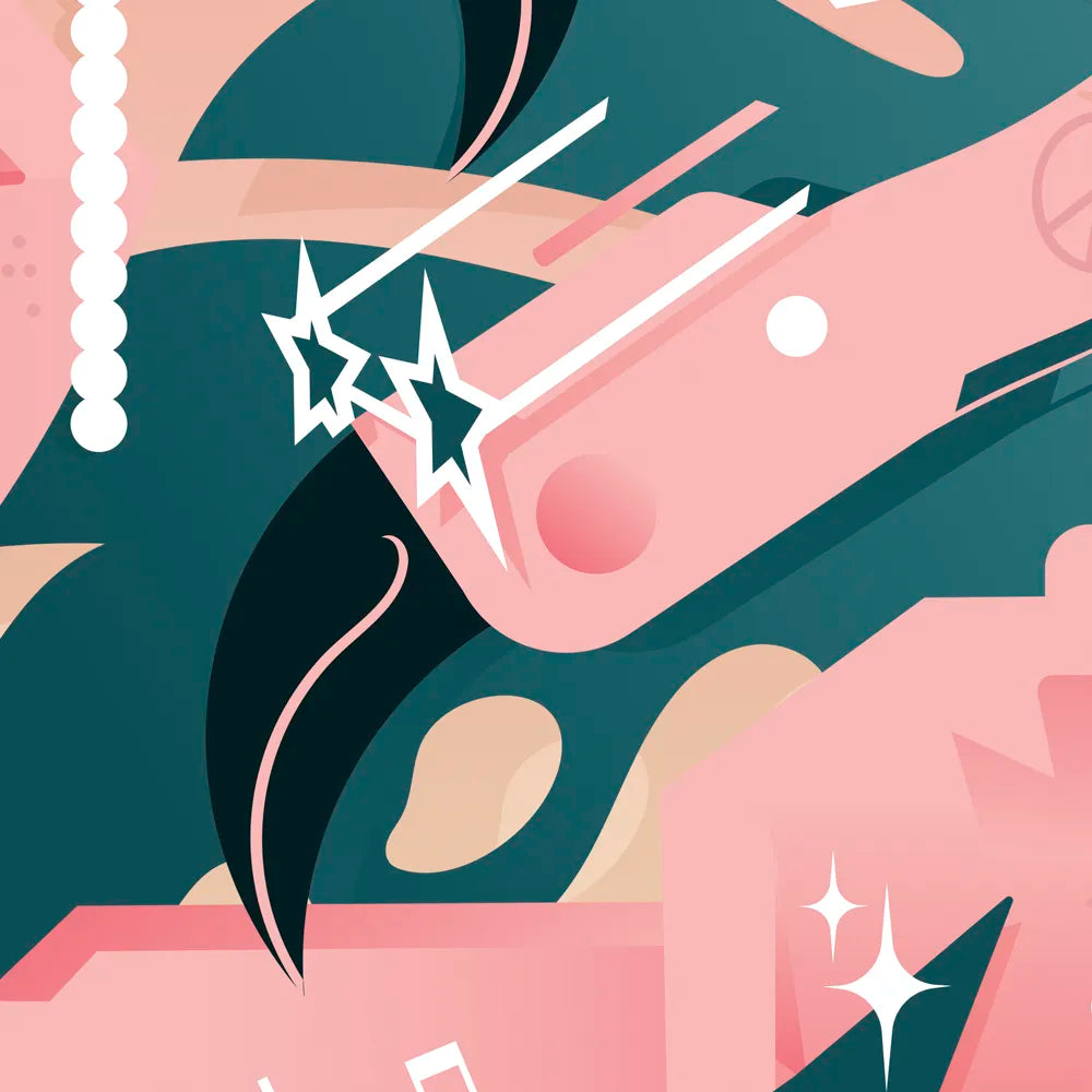 Detail von reflektierender Aufkleber Folie XXL „Flamingo Funk“. Der Detailausschnitt zeigt einen Flamingo kopf mit Sternsonnenbrille. Das Arrangement ist von REFLECTIVE Berlin.