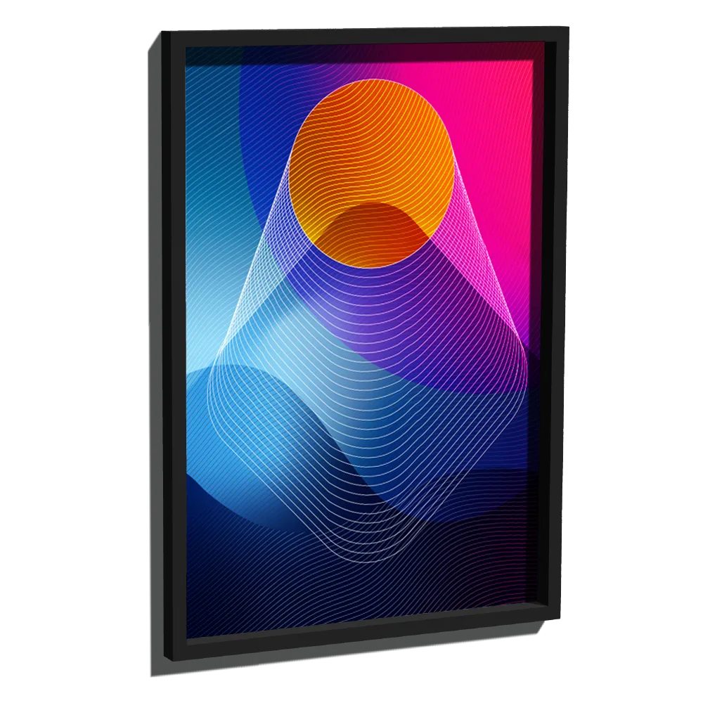 Reflektierende Aufkleber Folie XXL „Venus“ mit abstrakten Formen in Blauen, orangen und pinken Farbtönen, in Bilderrahmen von REFLECTIVE Berlin.