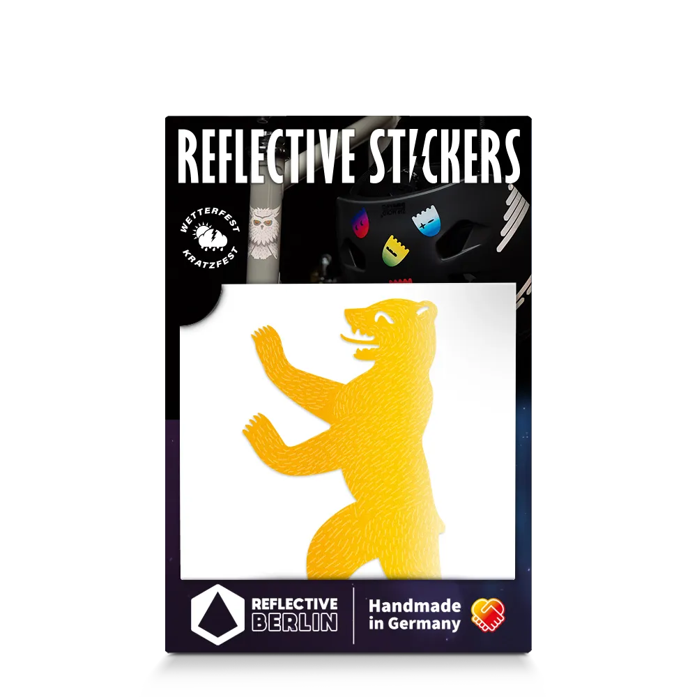 Reflektierender Aufkleber „Berliner Bär“ in Farbvariante „gelb“ in Produktverpackung von REFLECTIVE Berlin.