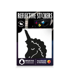 Reflektierender Aufkleber „Einhorn“ in Farbvariante „schwarz“ in Produktverpackung von REFLECTIVE Berlin.
