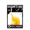 Reflektierender Aufkleber „Einhorn“ in Farbvariante „gold“ in Produktverpackung von REFLECTIVE Berlin.