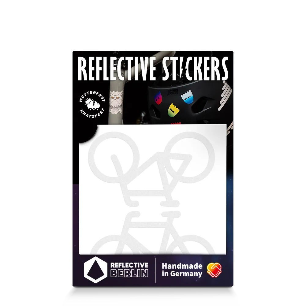 Reflektierender Aufkleber „Fahrräder“ in Farbvariante „weiß“ in Produktverpackung von REFLECTIVE Berlin.