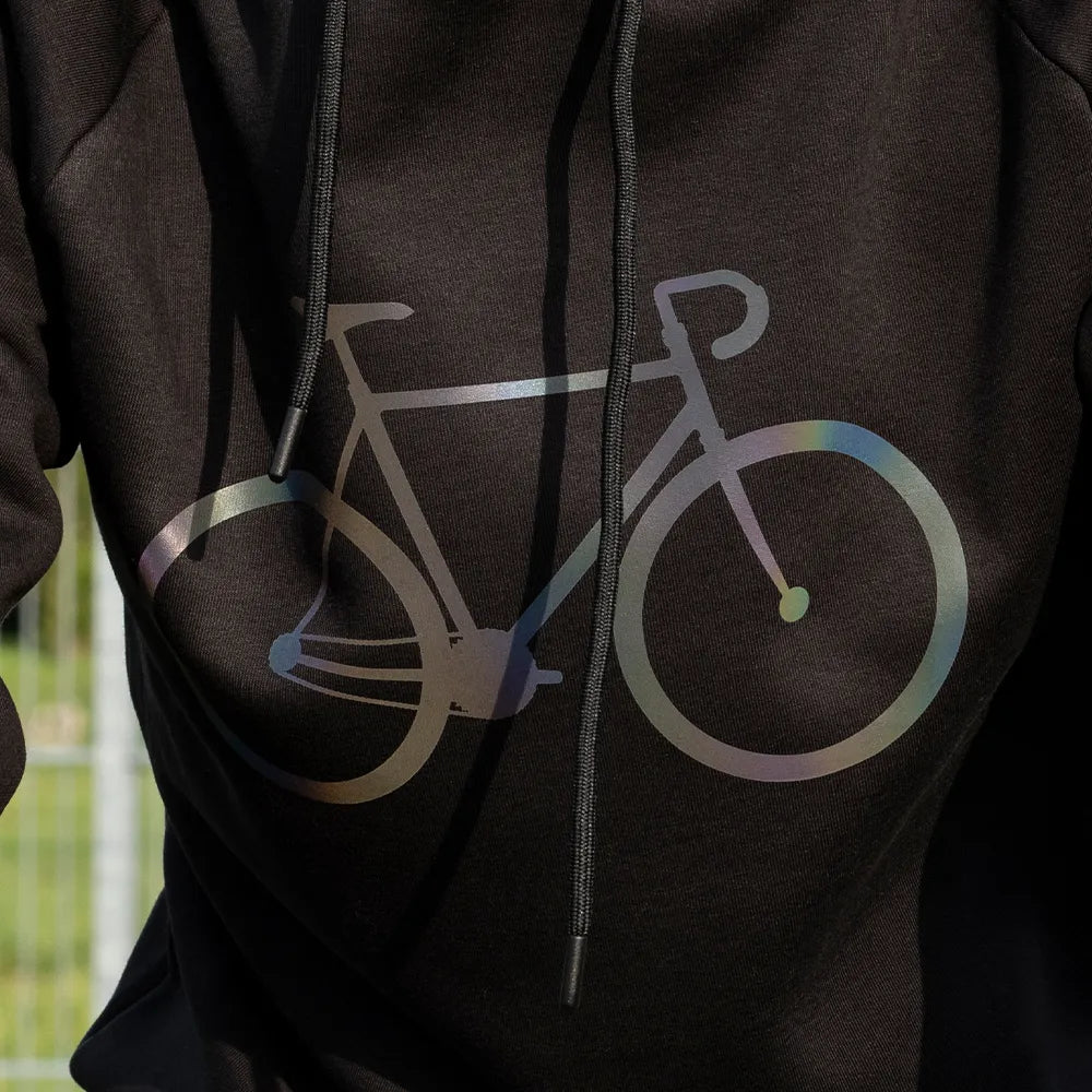 hoodie rennrad Reflektierender Kapuzenpullover mit Fahrrad Aufdruck – REFLECTIVE Berlin